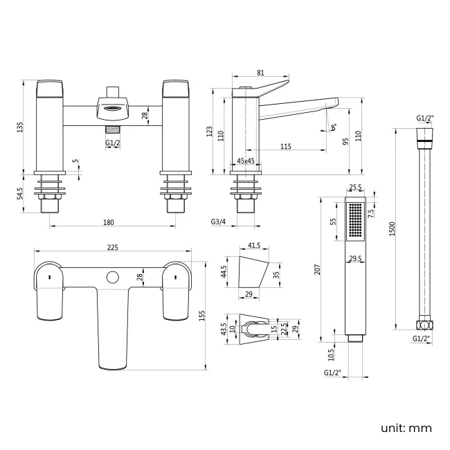 Aire Matt Black Basin & Shower Bath Mixer Tap Set
