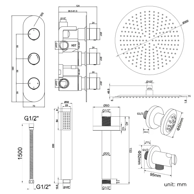 Ballina Premium Ceiling Chrome Round Thermostatic Set - 300mm Head, Hand Shower & Jets
