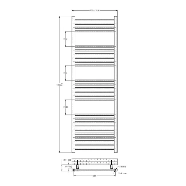 Barcelona Electric Matt Black Straight Heated Towel Rail 1800x600mm