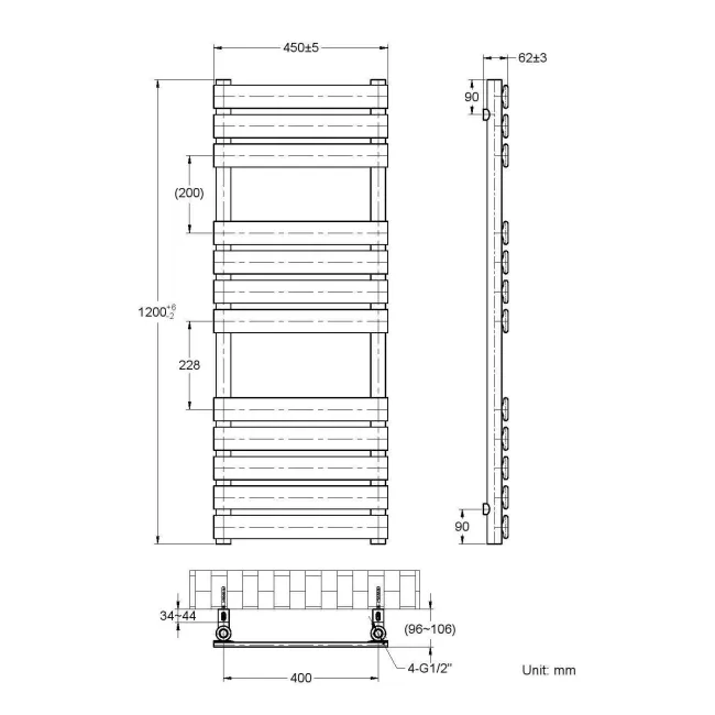 Santorini Electric Matt Black Flat Panel Heated Towel Rail 1200x450mm