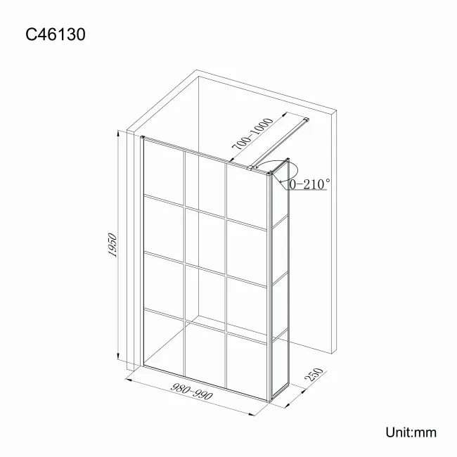 Munich Matt Black Grid 8mm Wet Room Shower Glass 1000mm & 250mm Pivotal Return Panel
