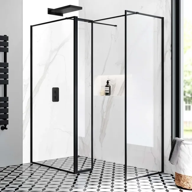 Munich Matt Black Framed 8mm Walk In Shower Enclosure 1000mm & 700mm Glass with Pivotal Return Panel