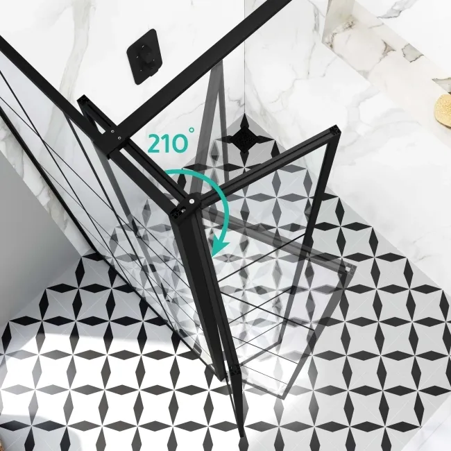 Munich Matt Black Grid 8mm Walk In Shower Enclosure 1100mm & 700mm Glass with Pivotal Return Panel
