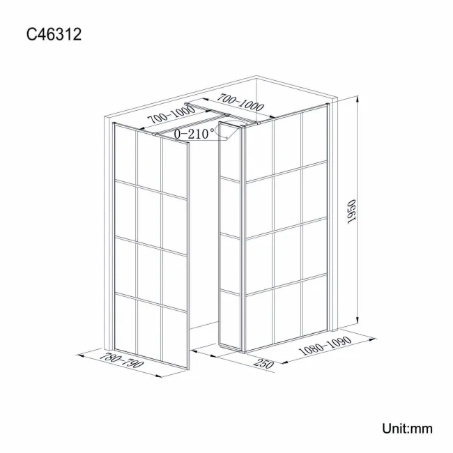 Munich Matt Black Grid 8mm Walk In Shower Enclosure 1100mm & 800mm Glass with Pivotal Return Panel