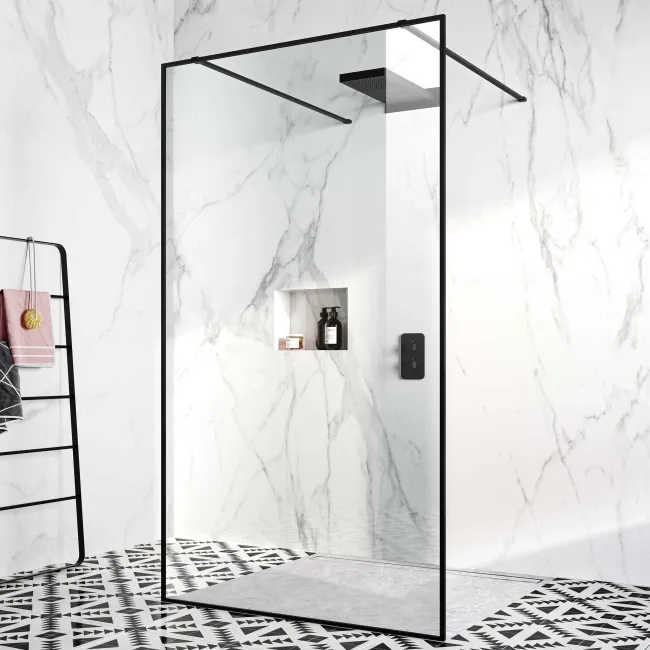Munich Matt Black Framed 8mm Walk Through Wet Room Shower Glass Panel 1100mm