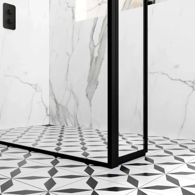 Munich Matt Black Framed 8mm Walk In Shower Enclosure 1100mm & 900mm Glass with Pivotal Return Panel