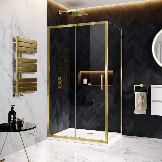 Hamburg Brushed Brass Easy Clean 8mm Sliding Shower Enclosure 1100x800mm - Easy Fix