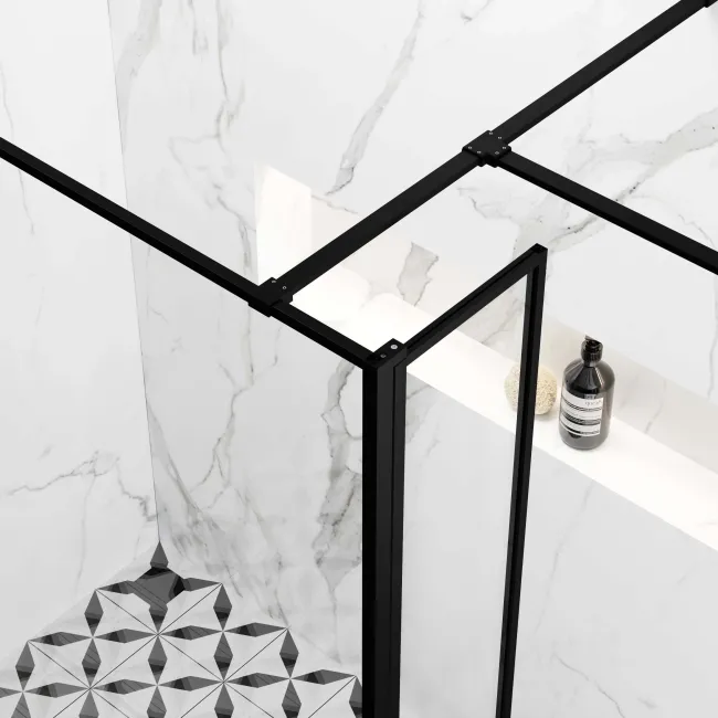 Munich Matt Black Framed 8mm Walk In Shower Enclosure 1400mm & 700mm Glass with Pivotal Return Panel