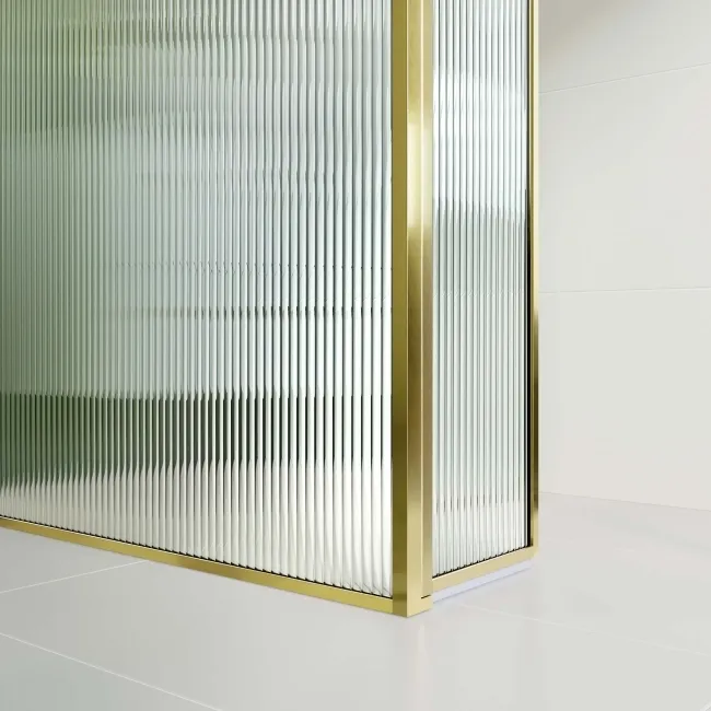 Munich Fluted Effect Brushed Brass 8mm Wet Room Shower Glass 1200mm & 250mm Pivotal Return Panel
