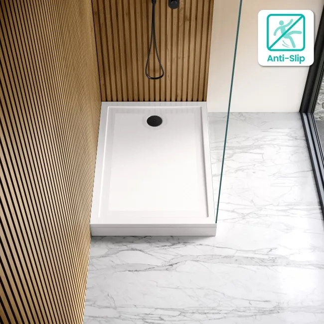 Doha Rectangular Gloss White Anti-Slip Stone Shower Tray 1000x700mm & Riser Kit