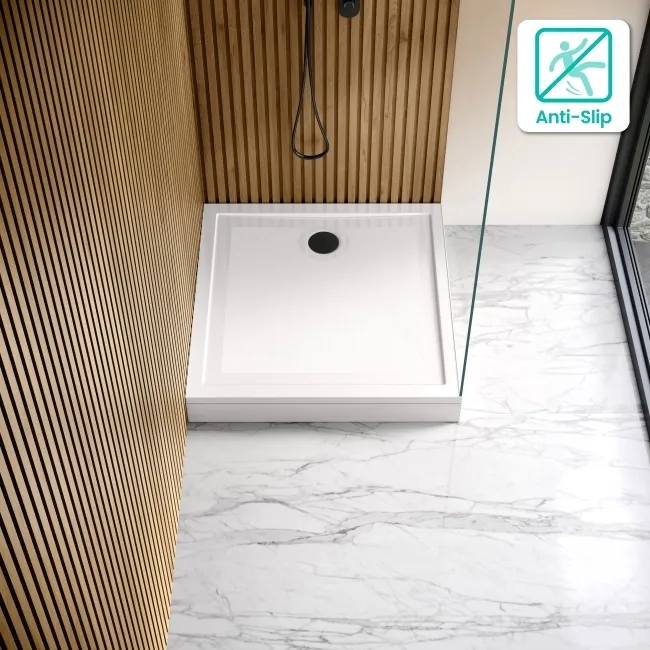 Doha Square Gloss White Anti-Slip Stone Shower Tray 900x900mm & Riser Kit