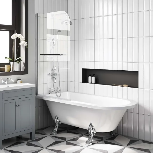 Abingdon 1700mm Roll Top Shower Bath - Chrome Claw Feet & 6mm Easy Clean Screen With Rail