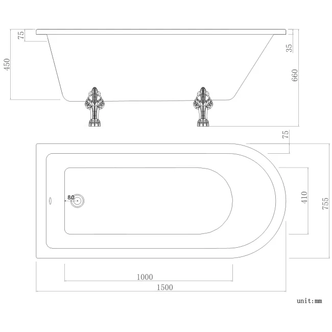 Abingdon 1500mm Roll Top Shower Bath - Black Claw Feet & 6mm Easy Clean Screen
