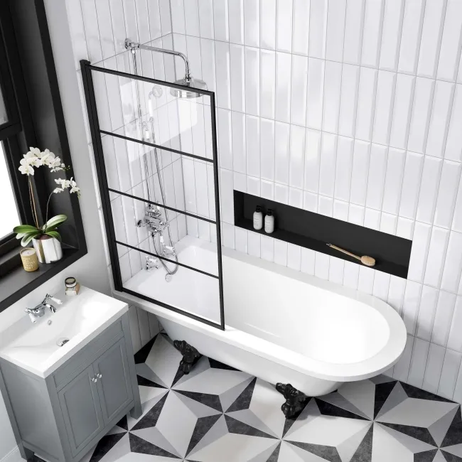Abingdon 1700 Roll Top Shower Bath - Black Ball Feet & 6mm Easy Clean Matt Black Grid Screen