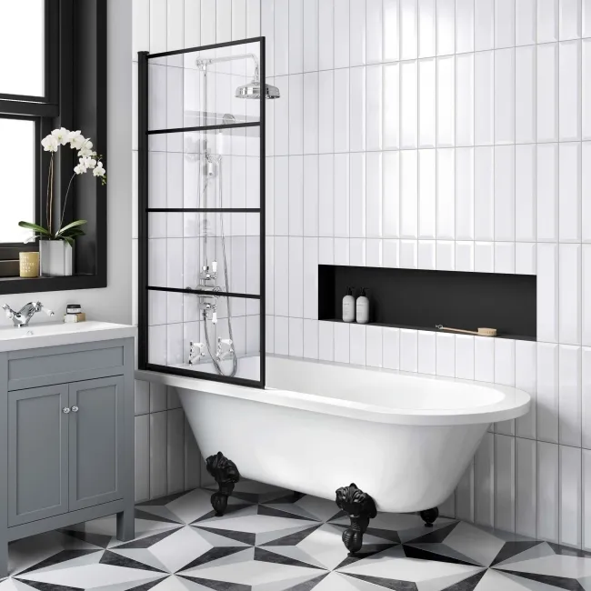 Abingdon 1700 Roll Top Shower Bath - Black Ball Feet & 6mm Easy Clean Matt Black Grid Screen