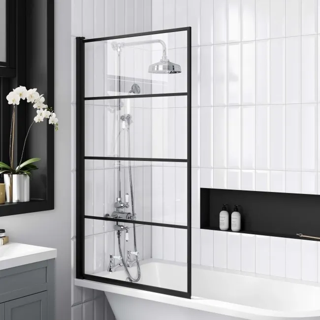 Abingdon 1500 Roll Top Shower Bath - Black Ball Feet & 6mm Easy Clean Matt Black Grid Screen