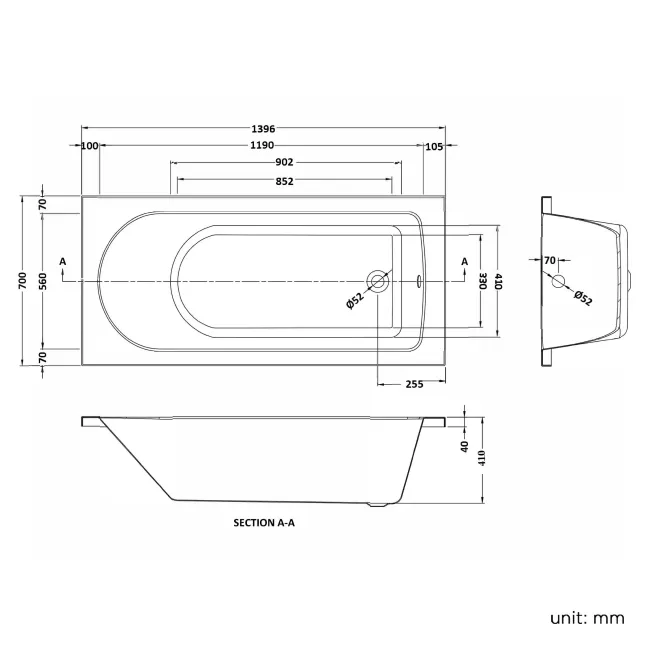 Stafford 1400x700 Round Shower Bath & 6mm Easy Clean Screen with Rail