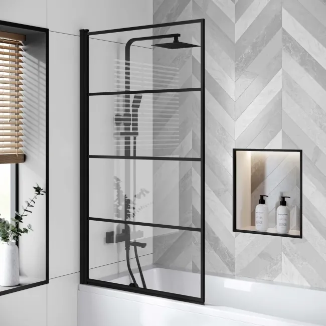 Hereford 1500x700 Square Shower Bath & 6mm Easy Clean Matt Black Grid Bath Screen