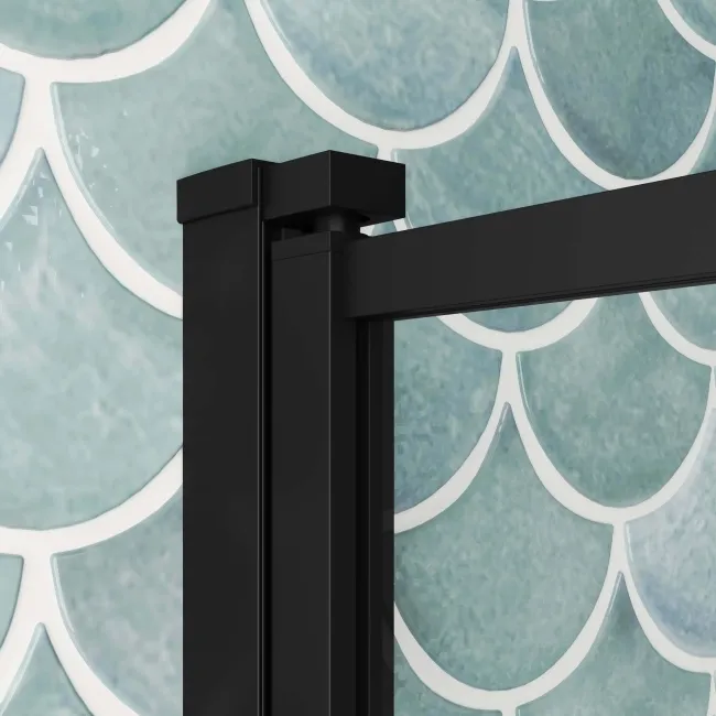 Oakham Space Saving Shower Bath 1700 & 6mm Easy Clean Matt Black Grid Bath Screen - Left Handed