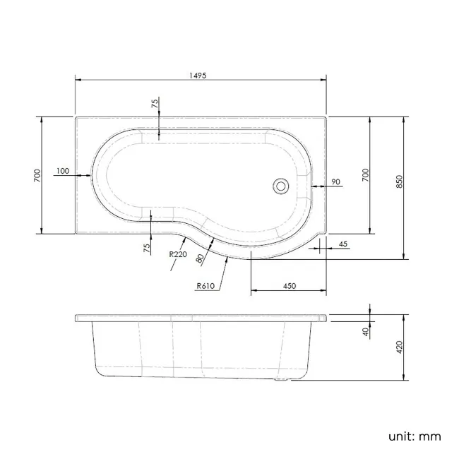 P Shaped 1500 Shower Bath with Front Panel & 6mm Easy Clean Screen with Rail - Right Handed
