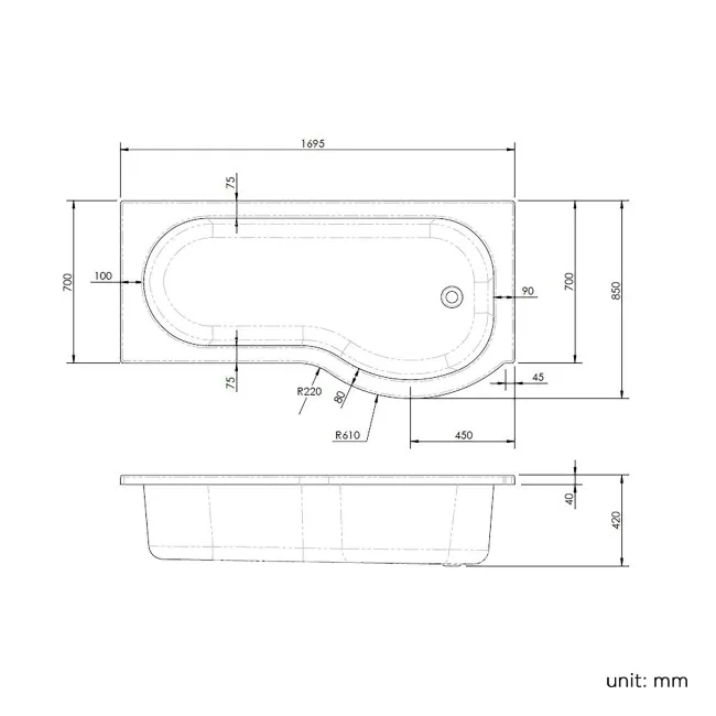 P Shaped 1700 Shower Bath with Front Panel & 4mm Screen with Rail - Right Handed