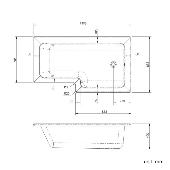 L Shaped 1500 Shower Bath & 4mm Fixed Screen - Right Handed