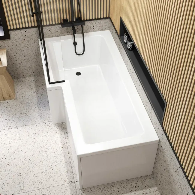 L Shaped 1700 Shower Bath & 6mm Matt Black Easy Clean Screen with Rail - Left Handed