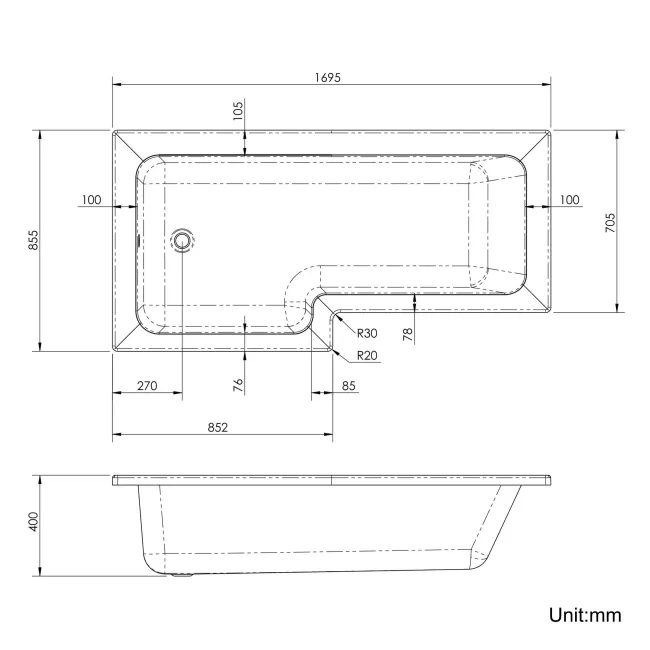 L Shaped 1700 Shower Bath & 6mm Matt Black Easy Clean Screen with Rail - Left Handed