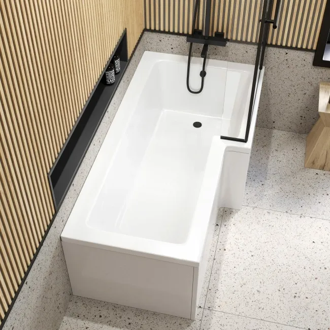 L Shaped 1700 Shower Bath & 6mm Matt Black Easy Clean Screen with Rail - Right Handed