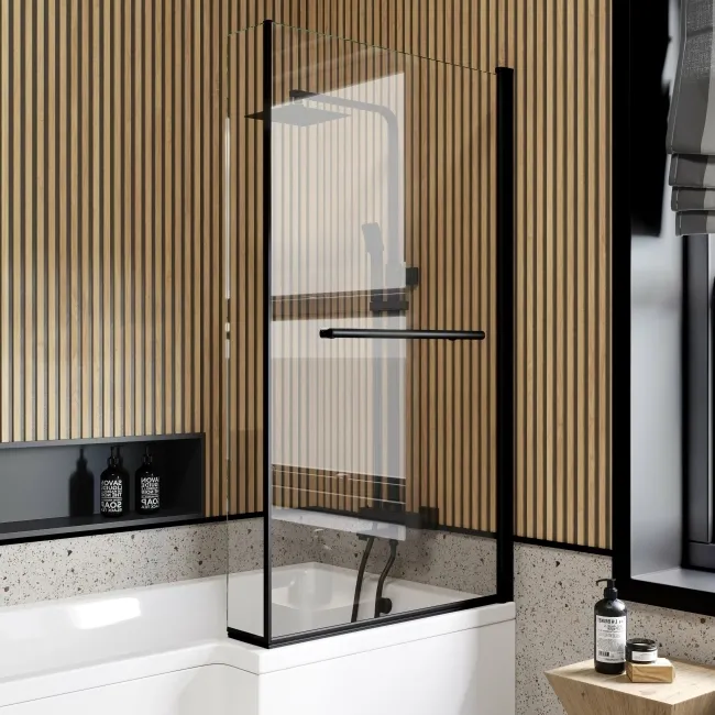 L Shaped 1700 Shower Bath & 6mm Matt Black Easy Clean Screen with Rail - Right Handed