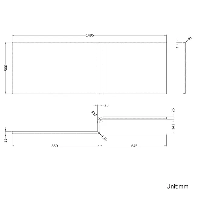 L Shaped 1500 Shower Bath with Front Panel & 4mm Fixed Screen with Rail - Right Handed