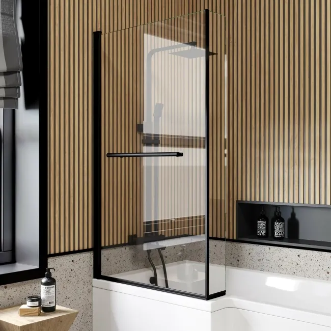 L Shaped 1600 Shower Bath with Front Panel & 6mm Matt Black Easy Clean Screen with Rail - Left Handed