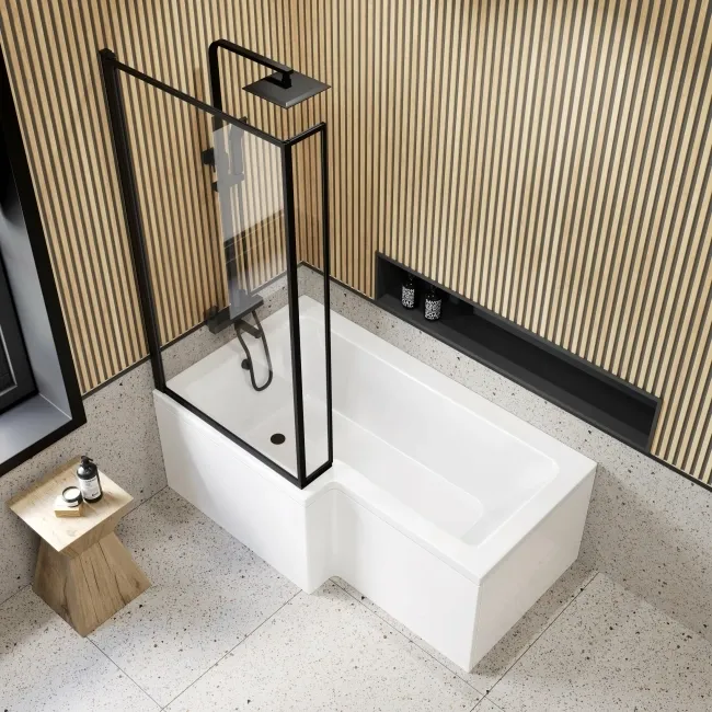 L Shaped 1500 Shower Bath with Front Panel & 6mm Easy Clean Matt Black Framed Bath Screen - Left Handed
