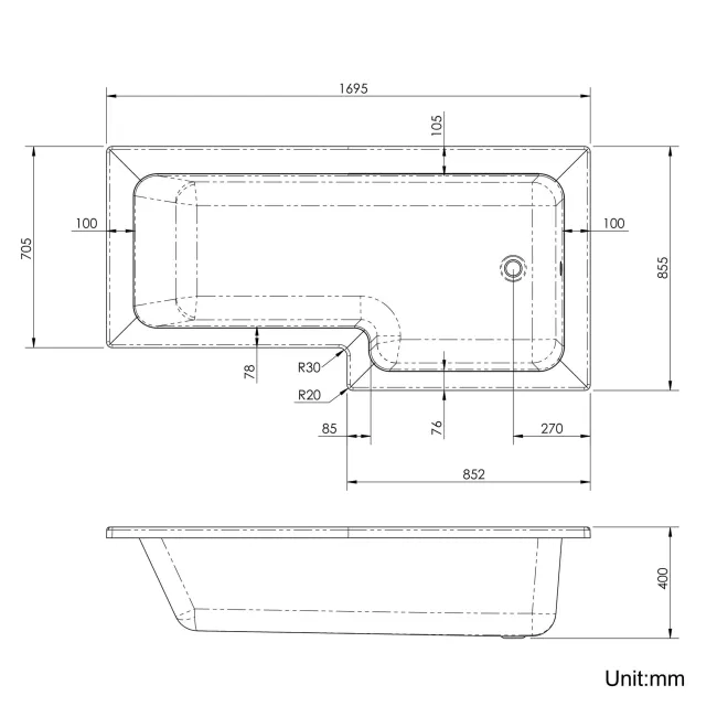 L Shaped 1700 Shower Bath with Front Panel & 6mm Easy Clean Matt Black Grid Bath Screen - Right Handed
