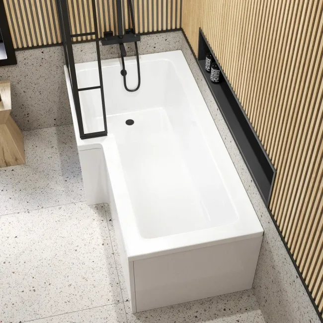 L Shaped 1700 Shower Bath with Front Panel & 6mm Easy Clean Matt Black Grid Bath Screen - Left Handed