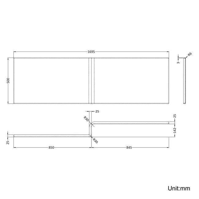 L Shaped 1700 Shower Bath with Front Panel & 6mm Easy Clean Matt Black Grid Bath Screen - Left Handed