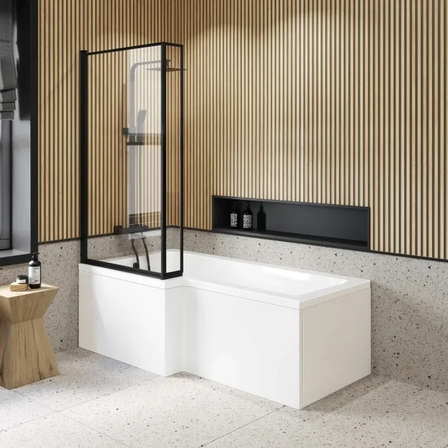 L Shaped 1700 Shower Bath with Front Panel & 6mm Easy Clean Matt Black Framed Bath Screen - Left Handed