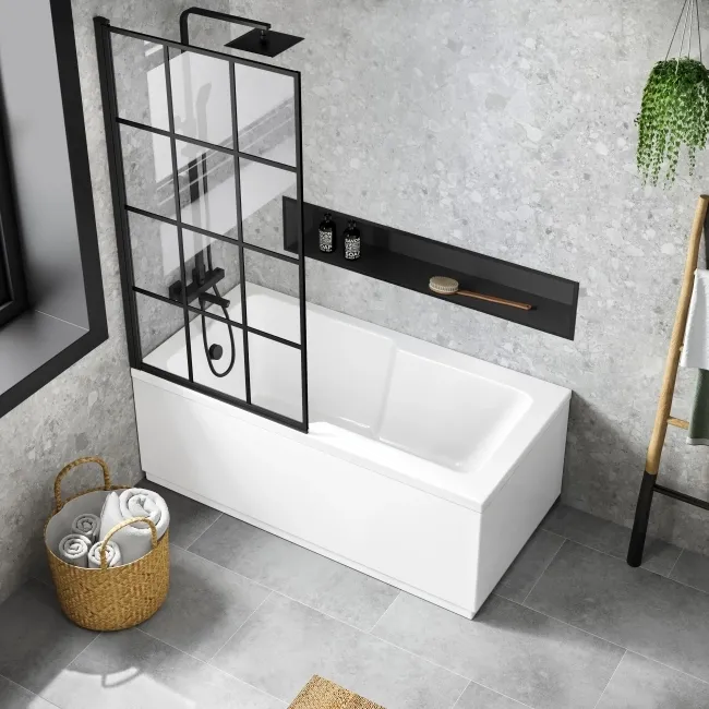 Dover 1500x750 Keyhole Shower Bath & 6mm Easy Clean Matt Black Grid Bath Screen