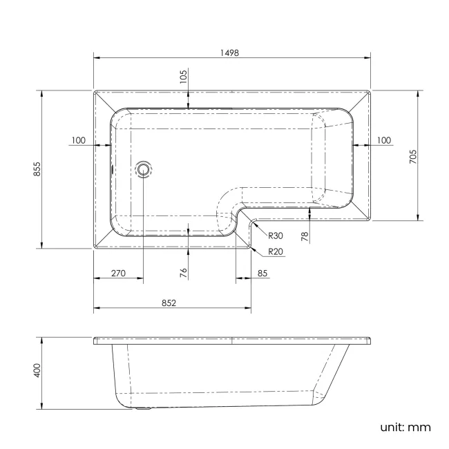 L Shaped 1500 Shower Bath & 6mm Easy Clean Brushed Brass Bath Screen - Left Handed