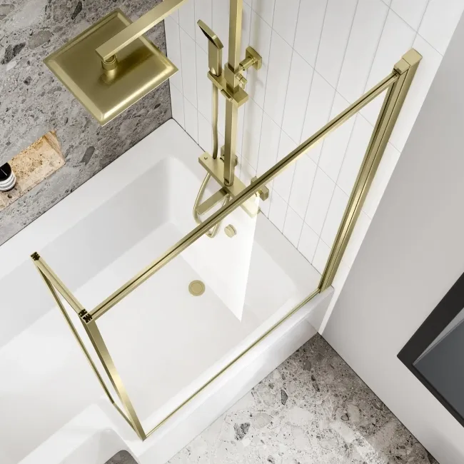 L Shaped 1600 Shower Bath & 6mm Easy Clean Brushed Brass Bath Screen - Right Handed