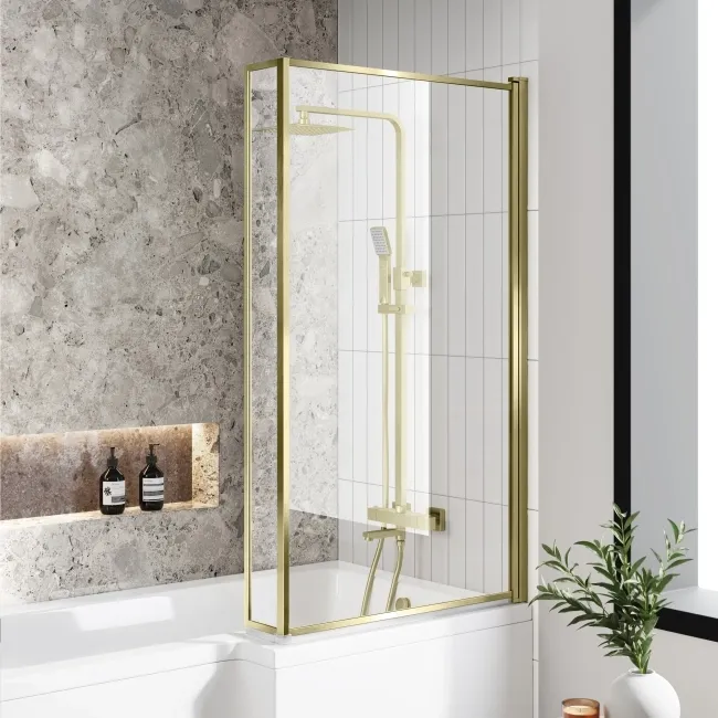 L Shaped 1500 Shower Bath with Front Panel & 6mm Easy Clean Brushed Brass Bath Screen - Right Handed