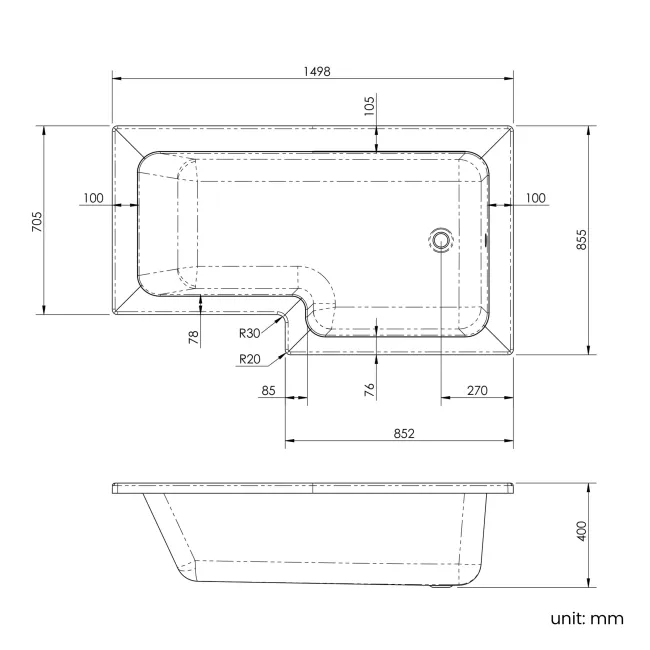 L Shaped 1500 Shower Bath with Front Panel & 6mm Easy Clean Brushed Brass Bath Screen - Right Handed