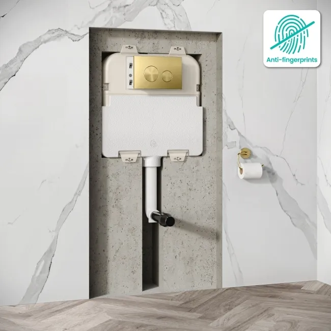 Idaho Pneumatic Concealed Cistern with Brushed Brass Flush Plate - Round Buttons