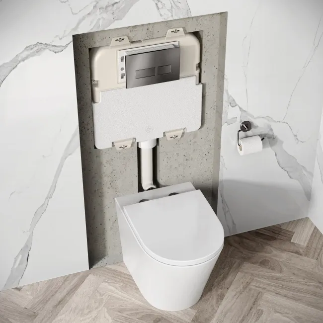 Idaho Pneumatic Concealed Cistern with Brushed Gunmetal Flush Plate - Square Buttons