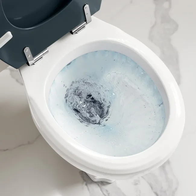 Hudson Traditional Toilet With Low-Level Cistern and Inky Blue Wooden Seat