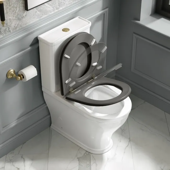 Kansas Traditional Rimless Close Coupled Toilet With Graphite Grey Wooden Seat - Brushed Brass Hinges