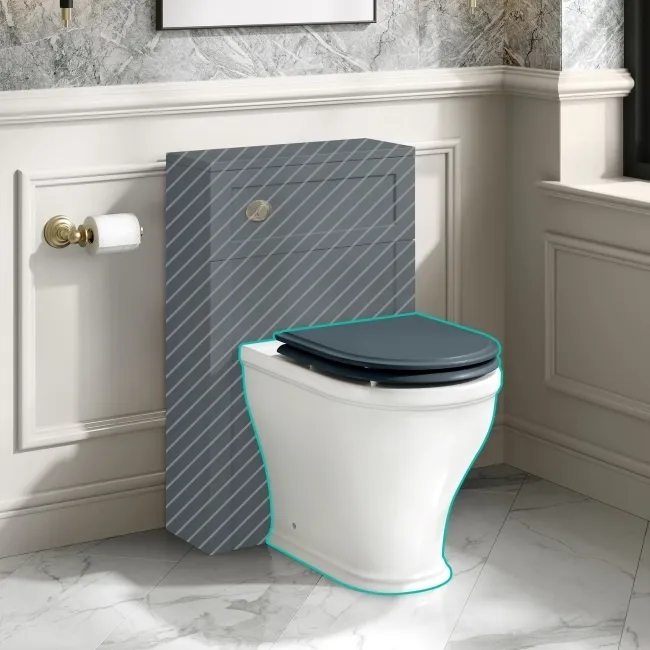 Kansas Traditional Rimless Back To Wall Toilet With Inky Blue Wooden Seat - Brushed Brass Hinges
