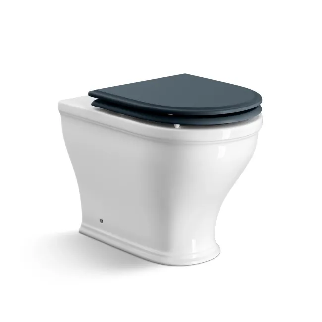 Kansas Traditional Rimless Back To Wall Toilet With Inky Blue Wooden Seat - Brushed Brass Hinges