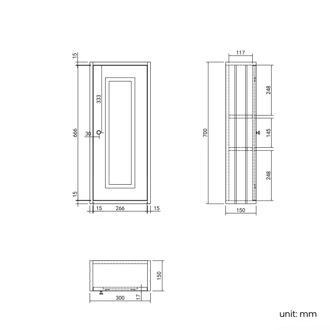 Midnight Green Wall Hung Cabinet 700x300mm - Brushed Brass Accents
