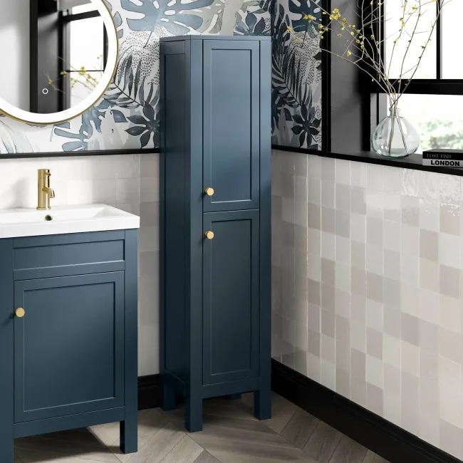 Bermuda Inky Blue Floor Standing Tall Cabinet 1500x350mm - Brushed Brass Accents